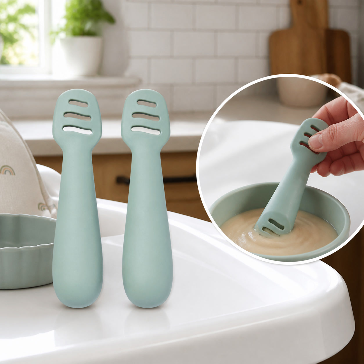 Food Snacks For Toddlers - 2pcs Green Baby Dipping Spoons Soft